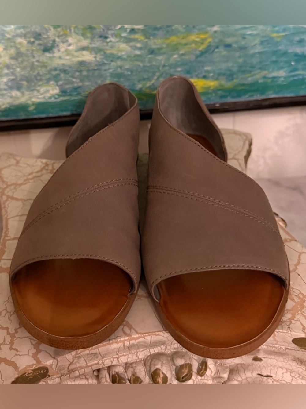 Sole Society Taupe Open-Toe Leather Mules